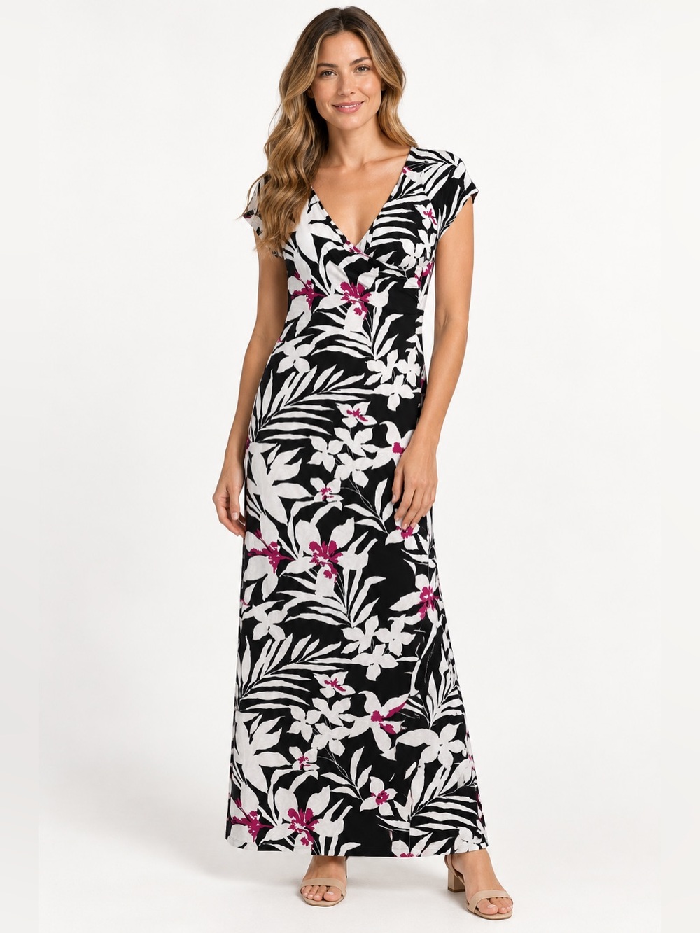 Soft Surroundings Tropical Floral Faux Wrap Maxi Dress Black Pink Small NWT